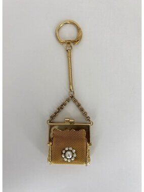 Vintage Small Gold Tone Mesh Faux Pearl Rhinestone Coin Purse Keychain Charm
